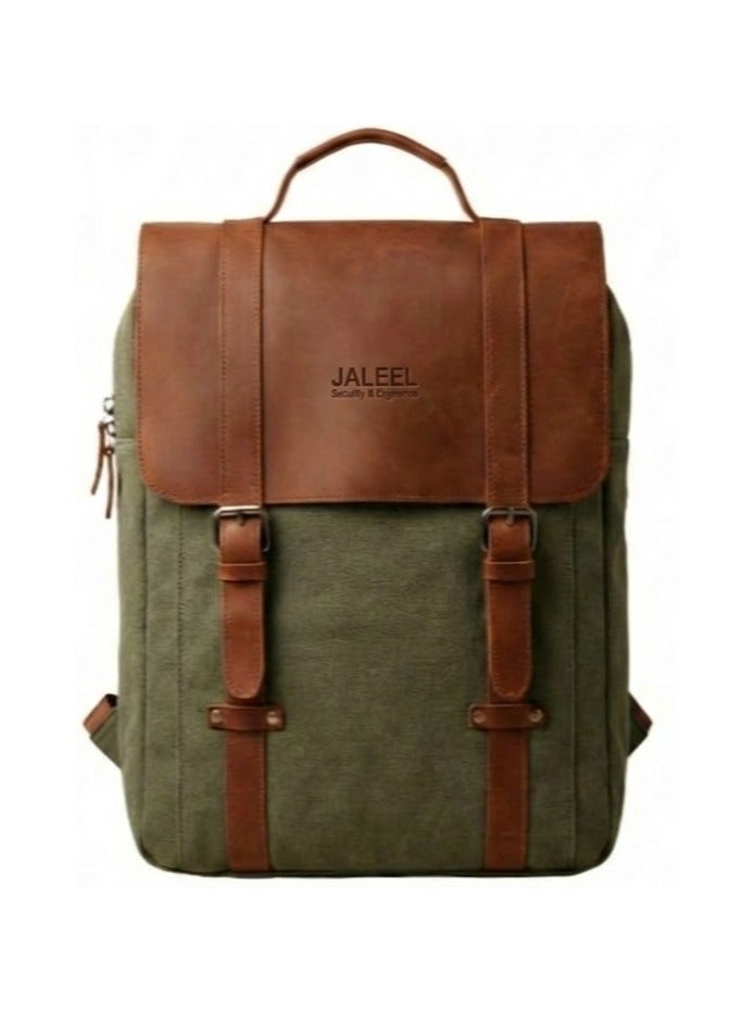 JALEEL Regent City Backpack, Army Green Canvas and Genuine Leather Laptop Bag with Padded Sleeve, Organized Compartments for Work and University - Image 1